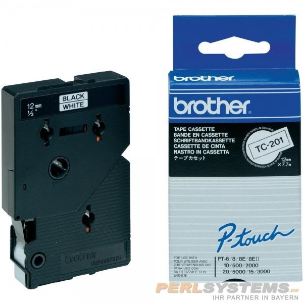 Brother TC201 P-TOUCH 12mm Schwarz auf Weiß 7,7m laminated
