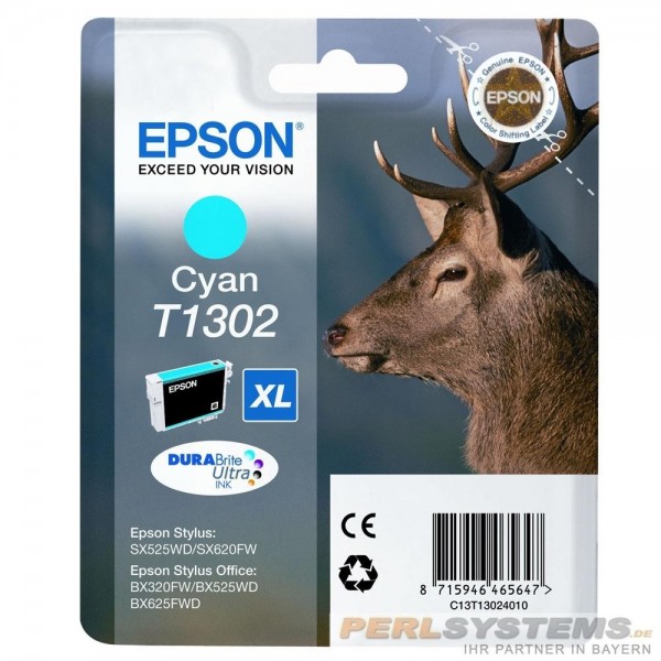 Epson Hirsch Tintenpatrone T1302 Cyan XL Stylus SX525WD SX620FW BX525WD BX625FDW