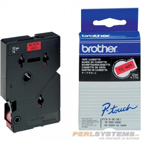 Brother TC401 P-TOUCH 12mm Schwarz auf Rot 7,7m laminated