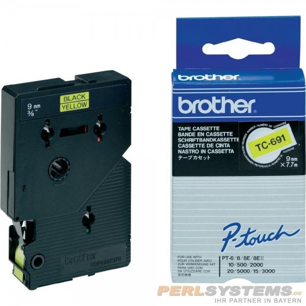 Brother TC691 P-TOUCH 9mm Schwarz auf Gelb 7,7m laminated